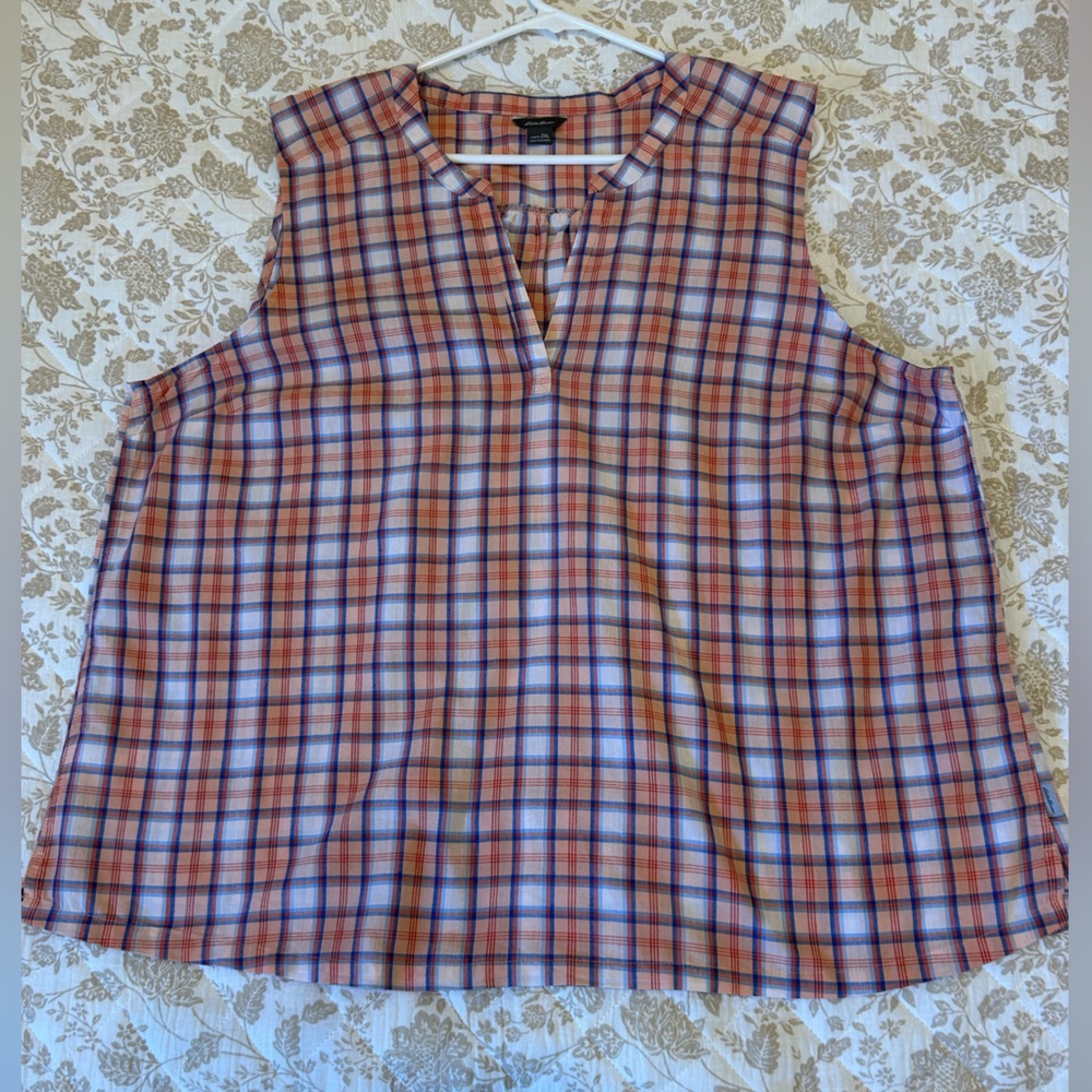 Eddie Bauer Orange and Blue Plaid Sleeveless Shirt-Size 2XL-V- Neck Tunic Style!